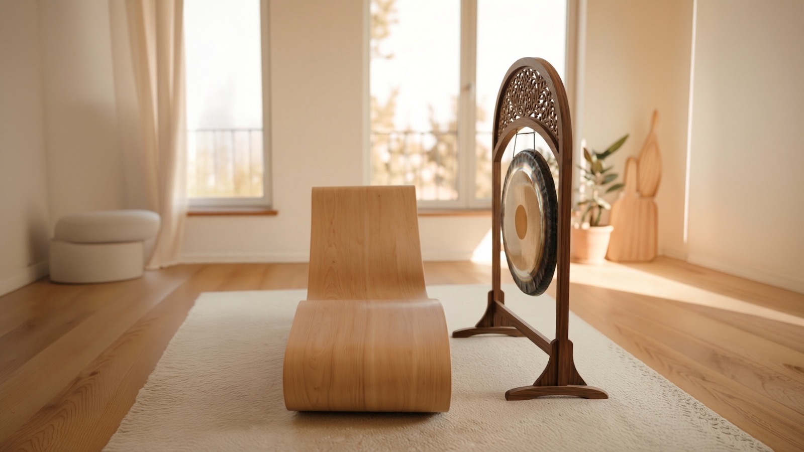Holz-Klangliege neben einem Gong in einem hellen Raum
